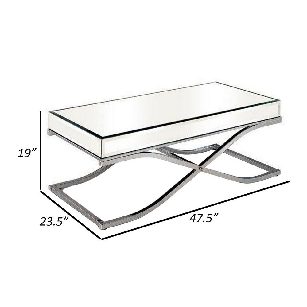 Gavin 48 Inch Coffee Table, Mirrored Panels, Curved Crossed Frame, Chrome - BM300549