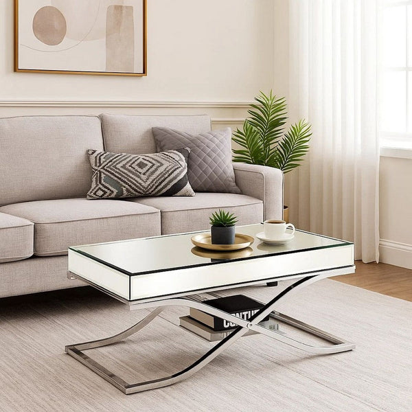 Gavin 48 Inch Coffee Table, Mirrored Panels, Curved Crossed Frame, Chrome - BM300549