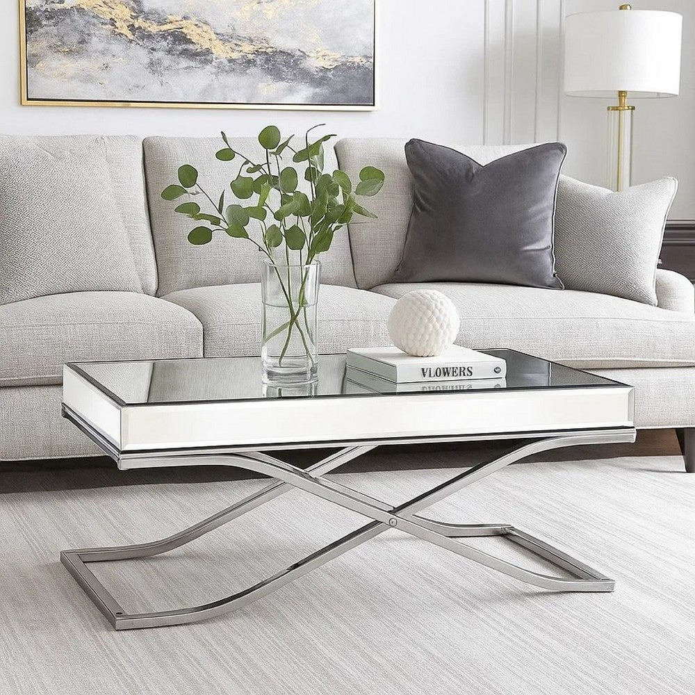 Gavin 48 Inch Coffee Table, Mirrored Panels, Curved Crossed Frame, Chrome - BM300549