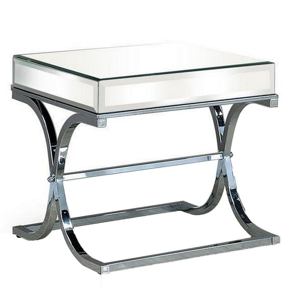 Gavin 24 Inch Side End Table, Mirrored Panels, Curved Crossed Base, Chrome  - BM300550