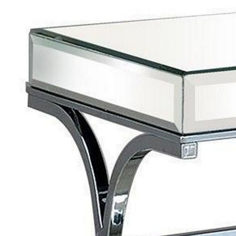 Gavin 24 Inch Side End Table, Mirrored Panels, Curved Crossed Base, Chrome  - BM300550
