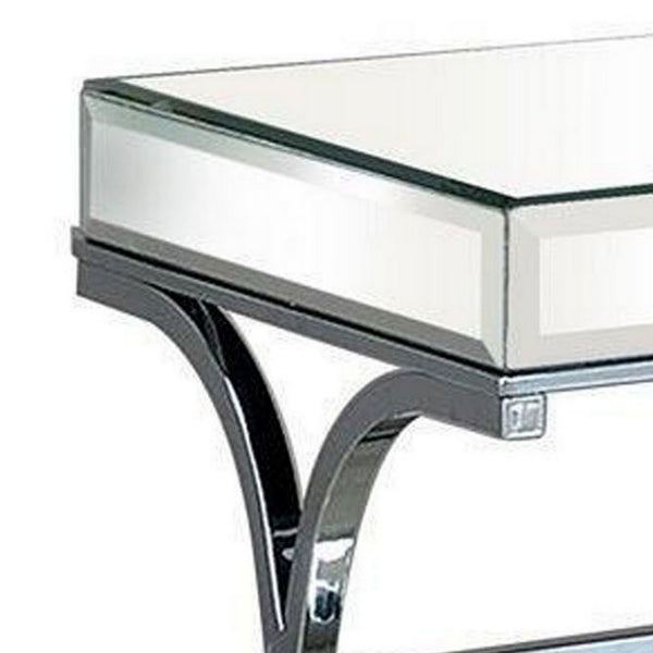 Gavin 24 Inch Side End Table, Mirrored Panels, Curved Crossed Base, Chrome  - BM300550