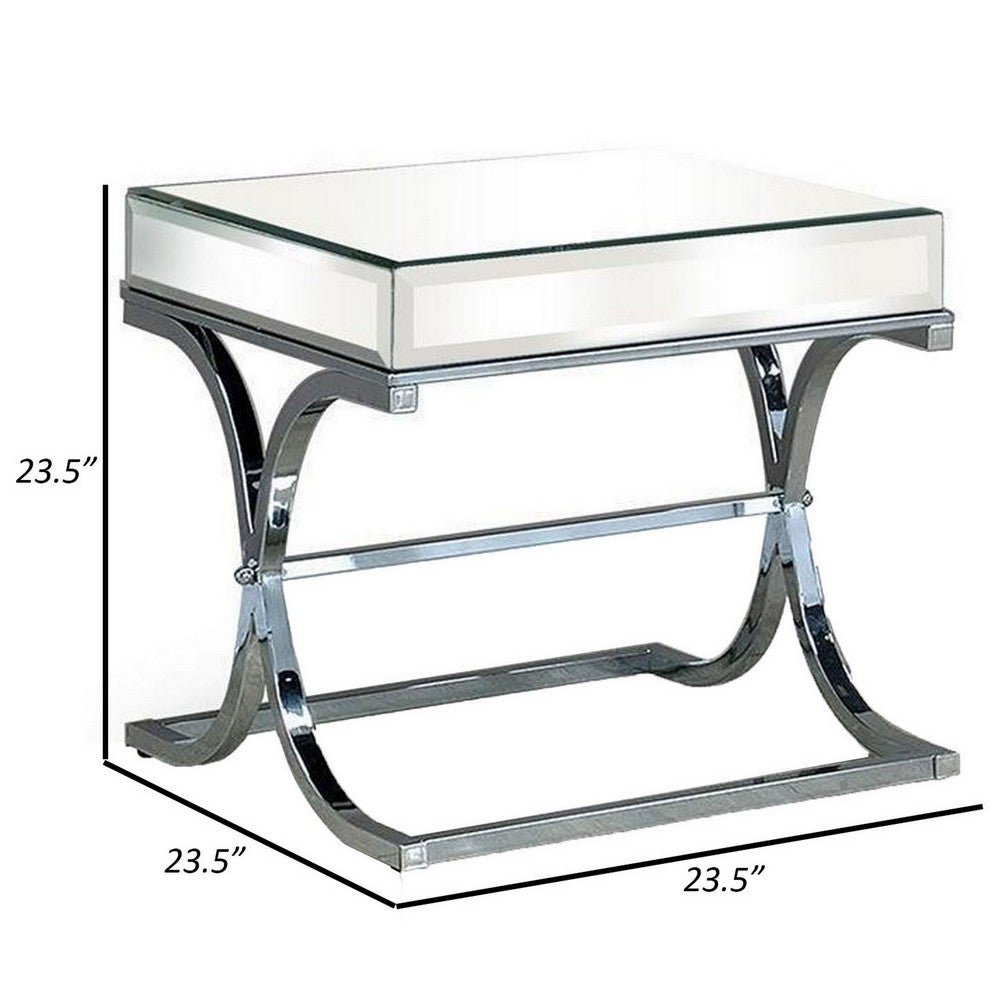 Gavin 24 Inch Side End Table, Mirrored Panels, Curved Crossed Base, Chrome  - BM300550