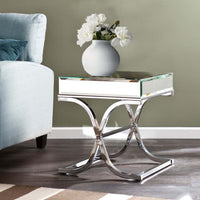 Gavin 24 Inch Side End Table, Mirrored Panels, Curved Crossed Base, Chrome  - BM300550