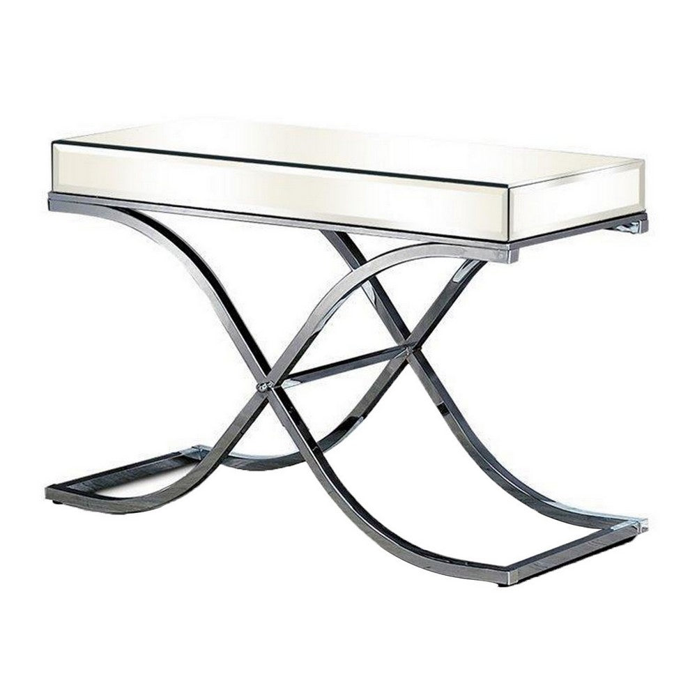 Gavin 48 Inch Sofa Console Table, Mirrored Panels, Crossed Frame, Chrome - BM300551