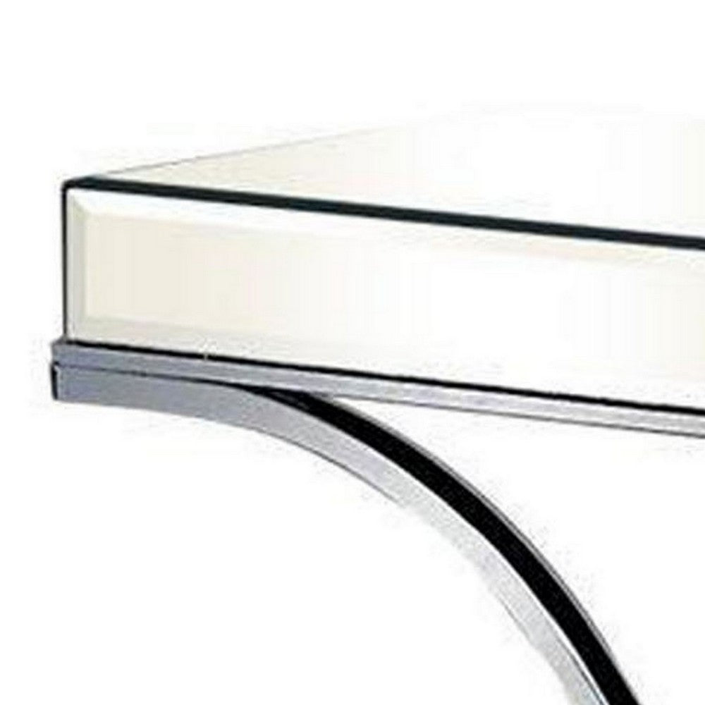 Gavin 48 Inch Sofa Console Table, Mirrored Panels, Crossed Frame, Chrome - BM300551