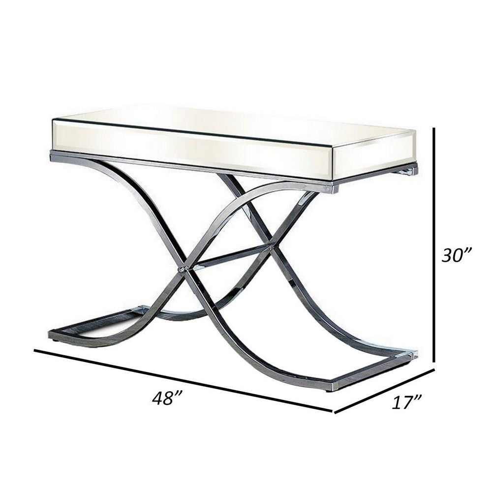 Gavin 48 Inch Sofa Console Table, Mirrored Panels, Crossed Frame, Chrome - BM300551