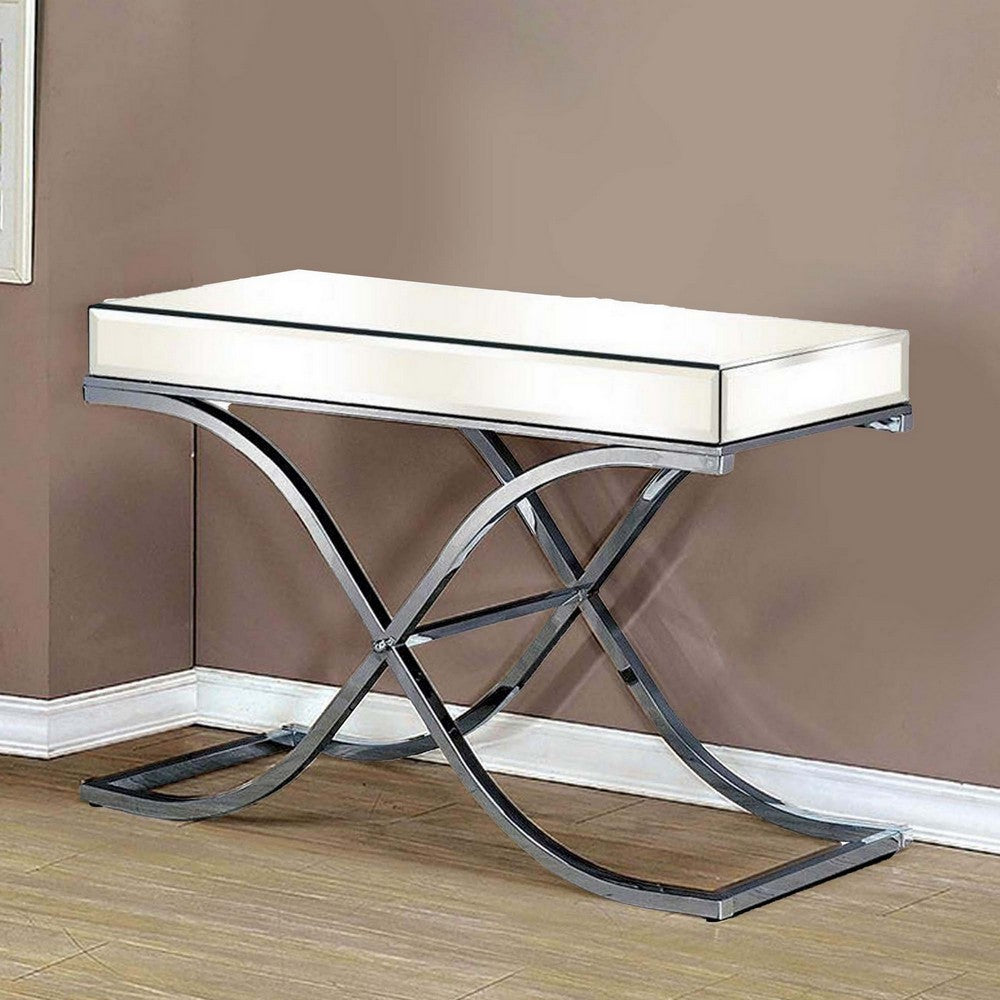 Gavin 48 Inch Sofa Console Table, Mirrored Panels, Crossed Frame, Chrome - BM300551