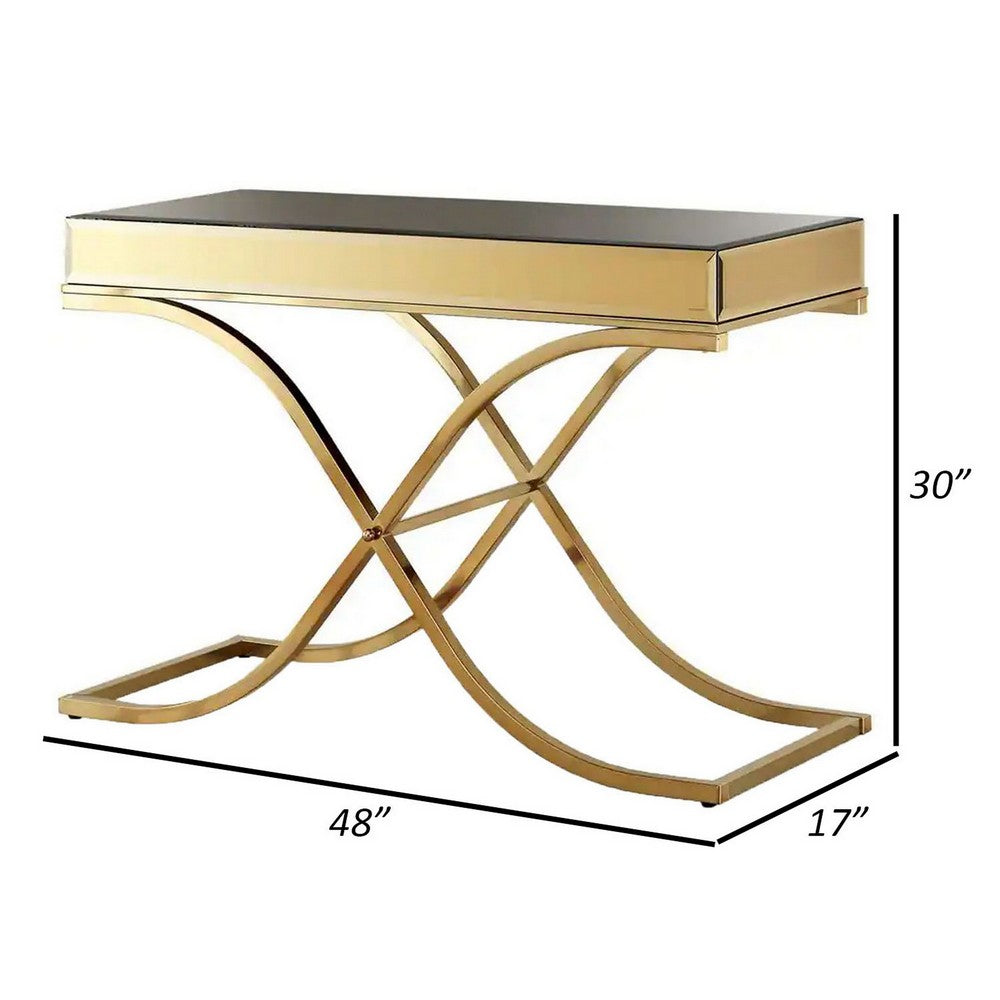Gavin 48 Inch Sofa Console Table, Mirrored Panels, Crossed Frame, Gold  - BM300553