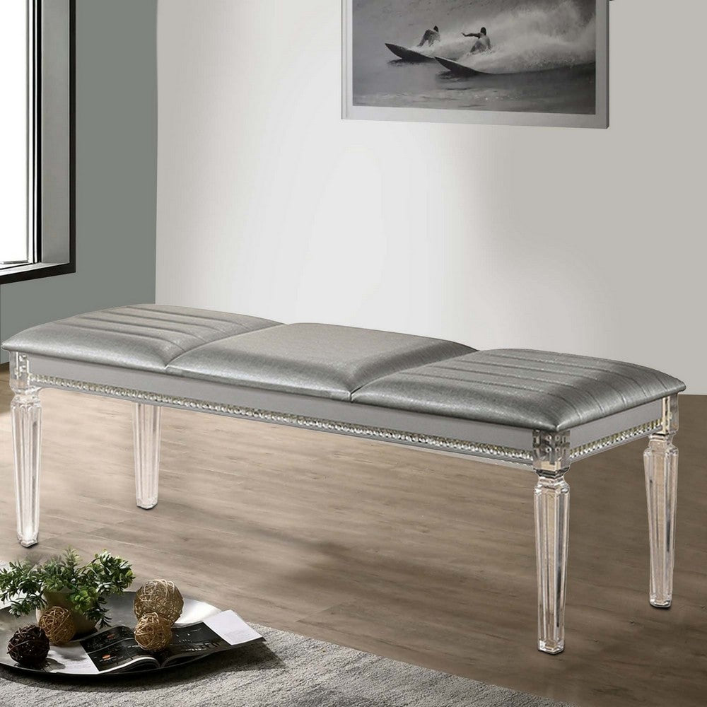 Sam 54 Inch Modern Upholstered Bench, Clear Acrylic Legs, Crystal Accents - BM300559