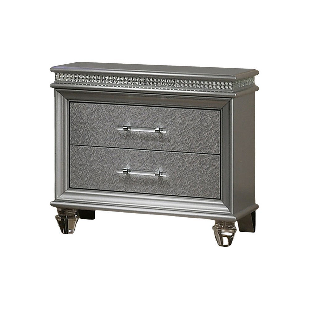 Sam 30 Inch Nightstand, Crystal Accents, Clear Acrylic Legs, Silver - BM300562