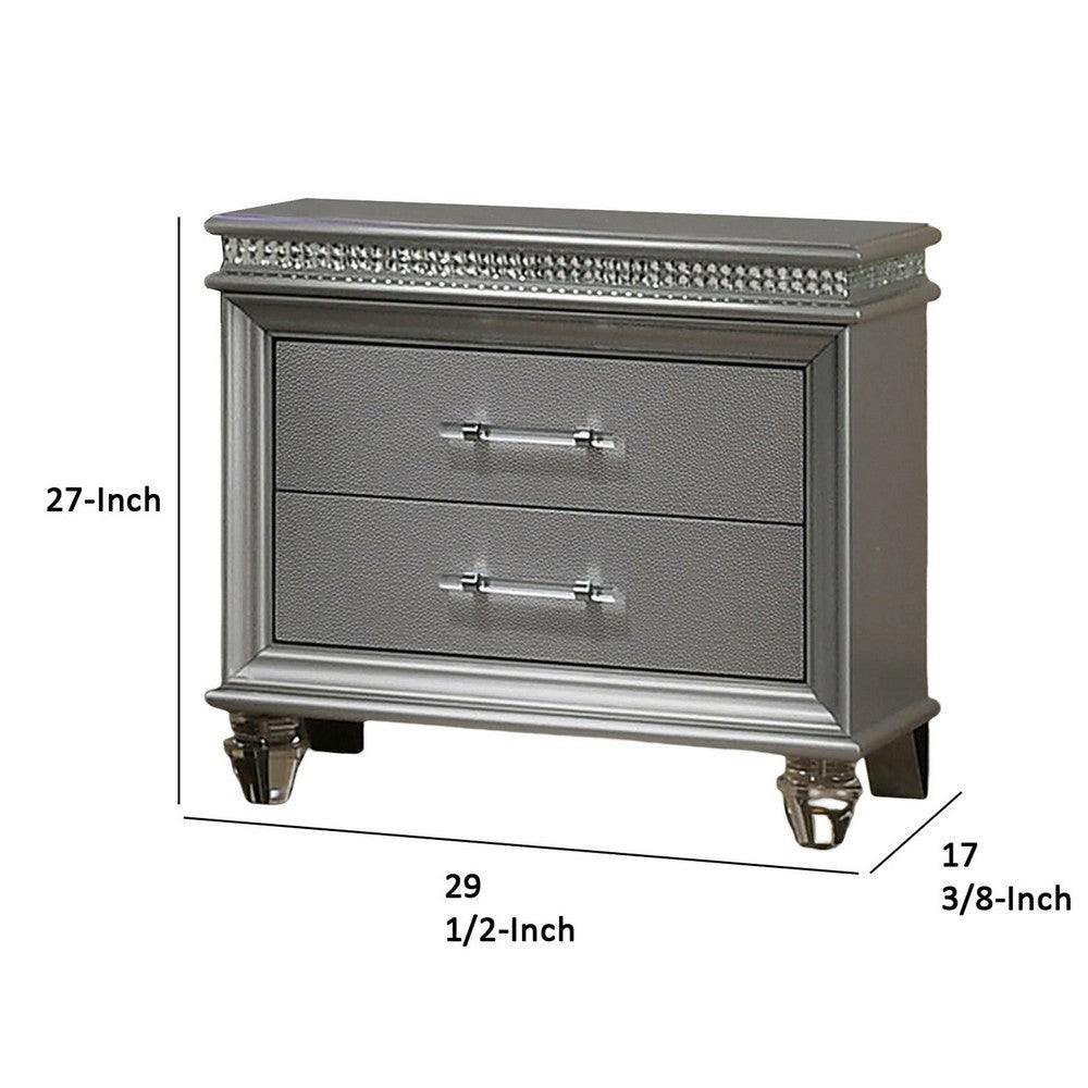 Sam 30 Inch Nightstand, Crystal Accents, Clear Acrylic Legs, Silver - BM300562