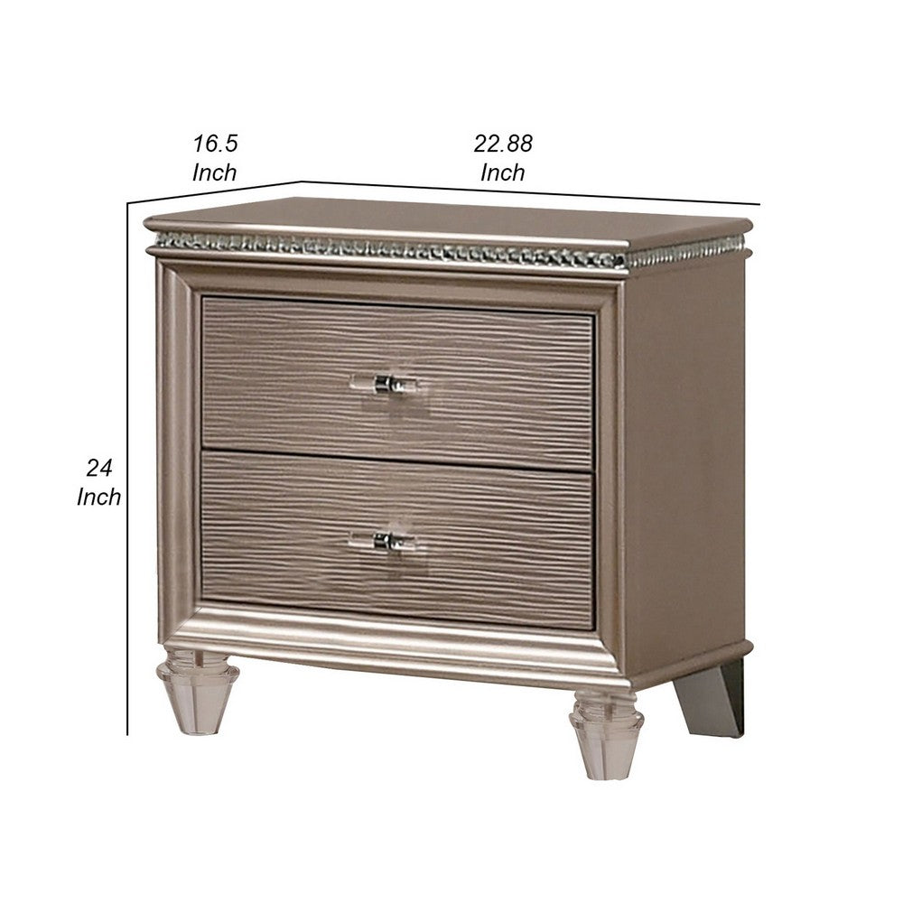 Jisoo 24 Inch Nightstand, 2 Drawers, Textured Drawer Panels, Gold Finish - BM300565