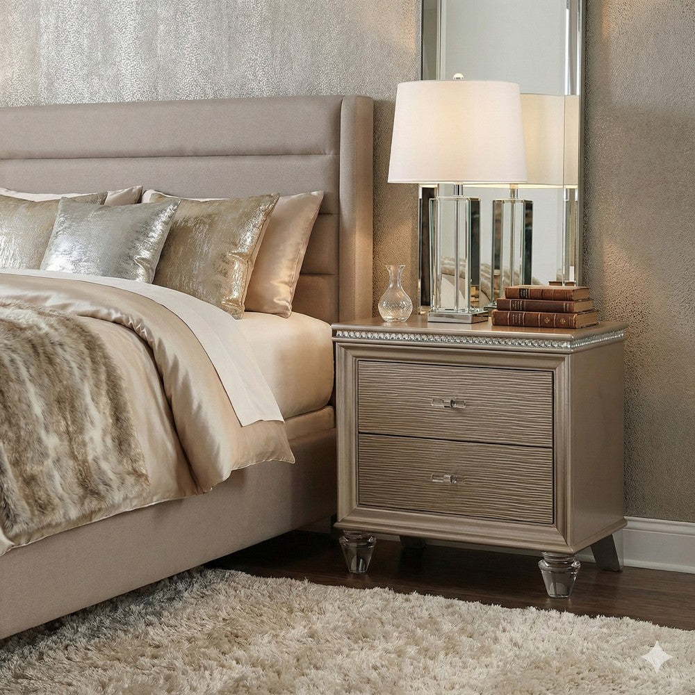 Jisoo 24 Inch Nightstand, 2 Drawers, Textured Drawer Panels, Gold Finish - BM300565