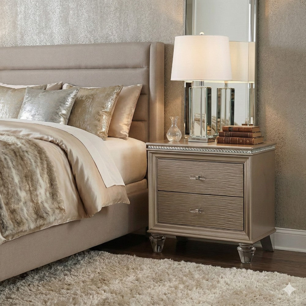 Jisoo 24 Inch Nightstand, 2 Drawers, Textured Drawer Panels, Gold Finish - BM300565