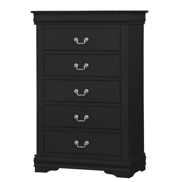 Ryla 48 Inch Tall Dresser Chest, 5 Drawers, Metal Handles, Solid Black Wood - BM300568