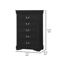 Ryla 48 Inch Tall Dresser Chest, 5 Drawers, Metal Handles, Solid Black Wood - BM300568