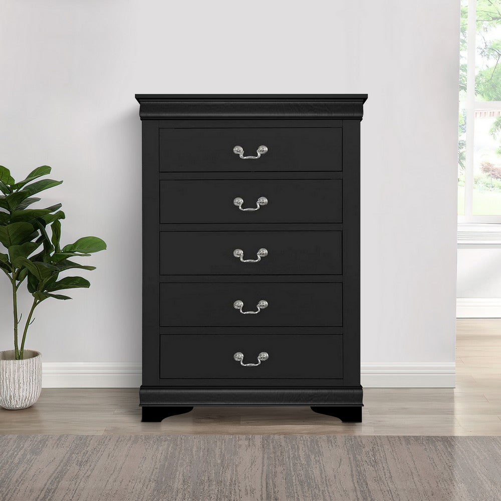 Ryla 48 Inch Tall Dresser Chest, 5 Drawers, Metal Handles, Solid Black Wood - BM300568