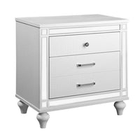 Reya 29 Inch Nightstand, Classic White, Textured Panels, Mirrored Trim  - BM300578