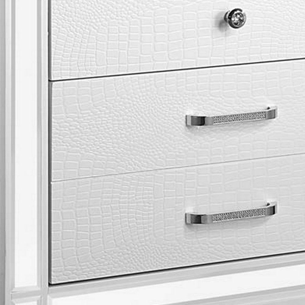 Reya 29 Inch Nightstand, Classic White, Textured Panels, Mirrored Trim  - BM300578