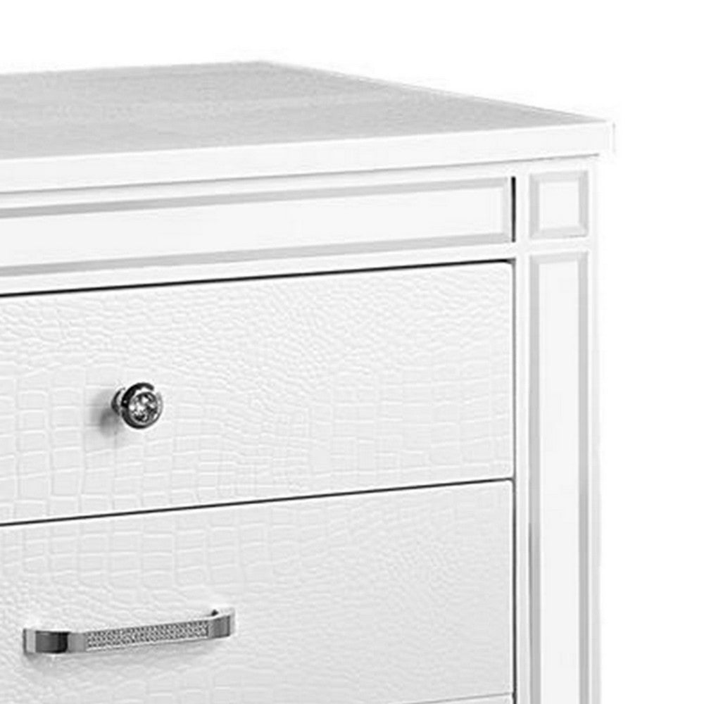 Reya 29 Inch Nightstand, Classic White, Textured Panels, Mirrored Trim  - BM300578