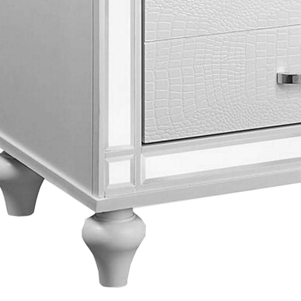 Reya 29 Inch Nightstand, Classic White, Textured Panels, Mirrored Trim  - BM300578