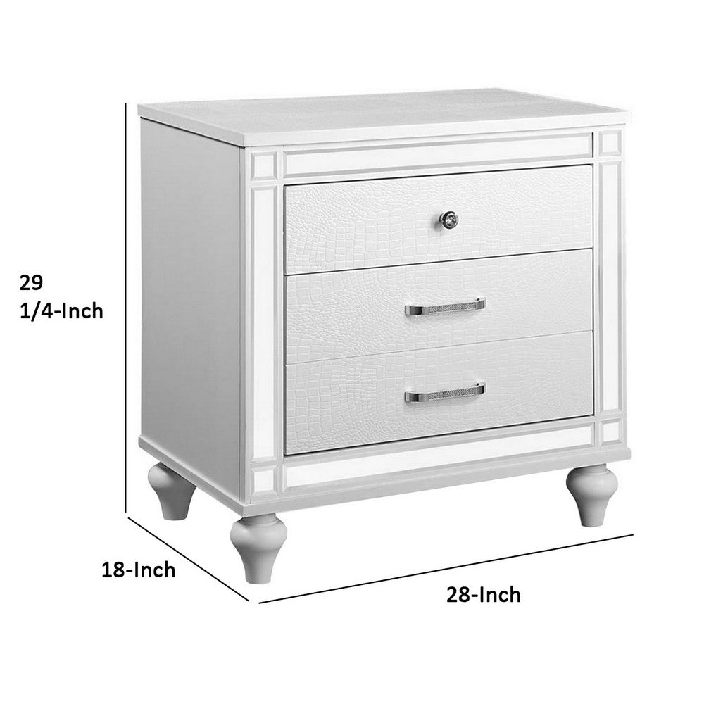 Reya 29 Inch Nightstand, Classic White, Textured Panels, Mirrored Trim  - BM300578