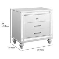 Reya 29 Inch Nightstand, Classic White, Textured Panels, Mirrored Trim  - BM300578