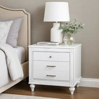 Reya 29 Inch Nightstand, Classic White, Textured Panels, Mirrored Trim  - BM300578