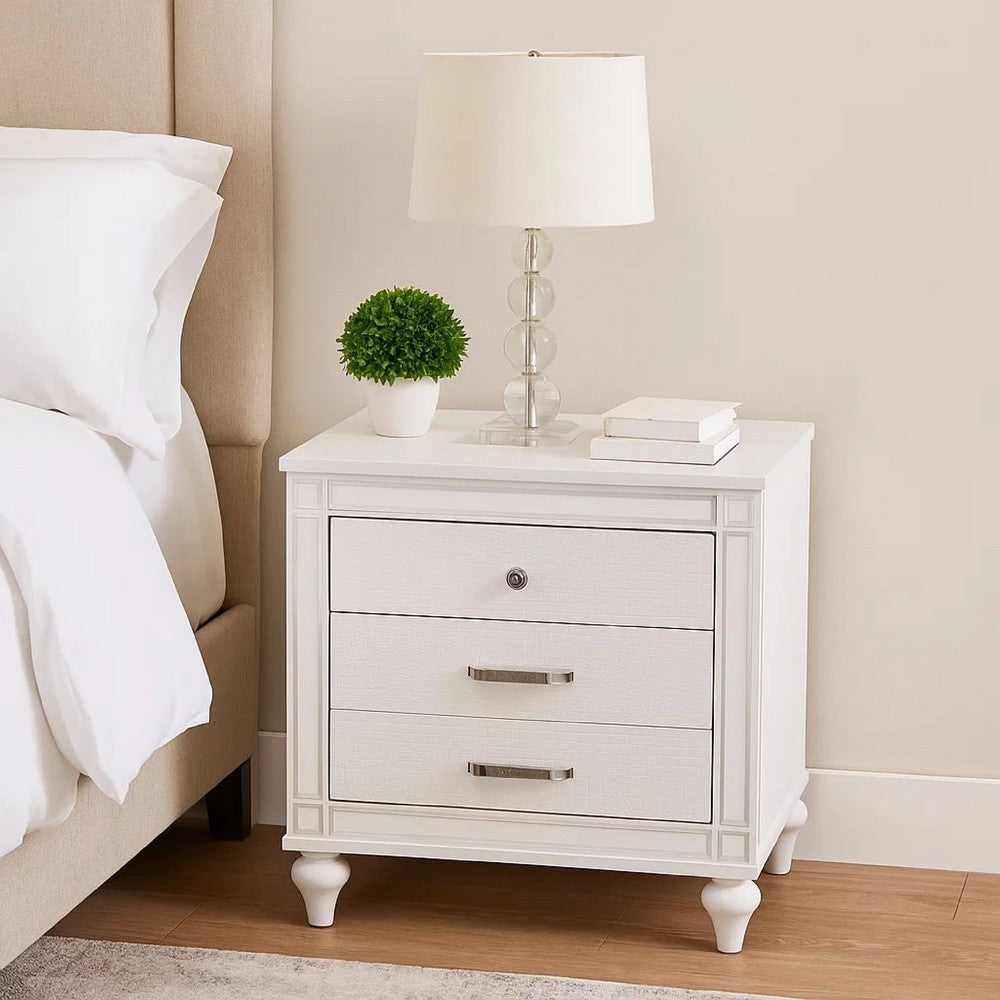 Reya 29 Inch Nightstand, Classic White, Textured Panels, Mirrored Trim  - BM300578