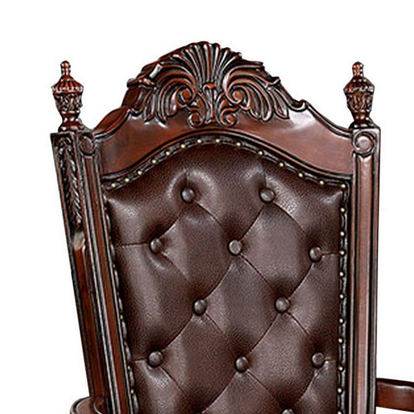 Iga 29 Inch Tufted Dining Armchair, Set of 2, Brown Faux Leather, Nailhead - BM300602