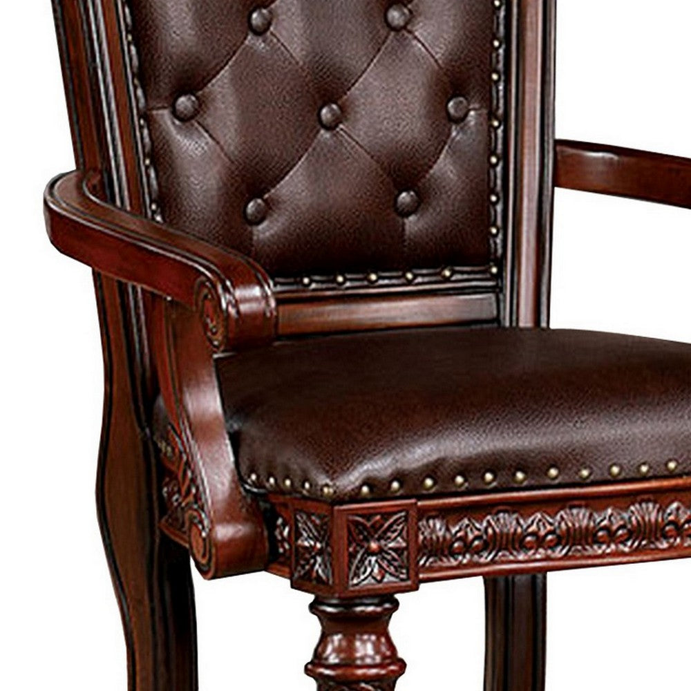 Iga 29 Inch Tufted Dining Armchair, Set of 2, Brown Faux Leather, Nailhead - BM300602