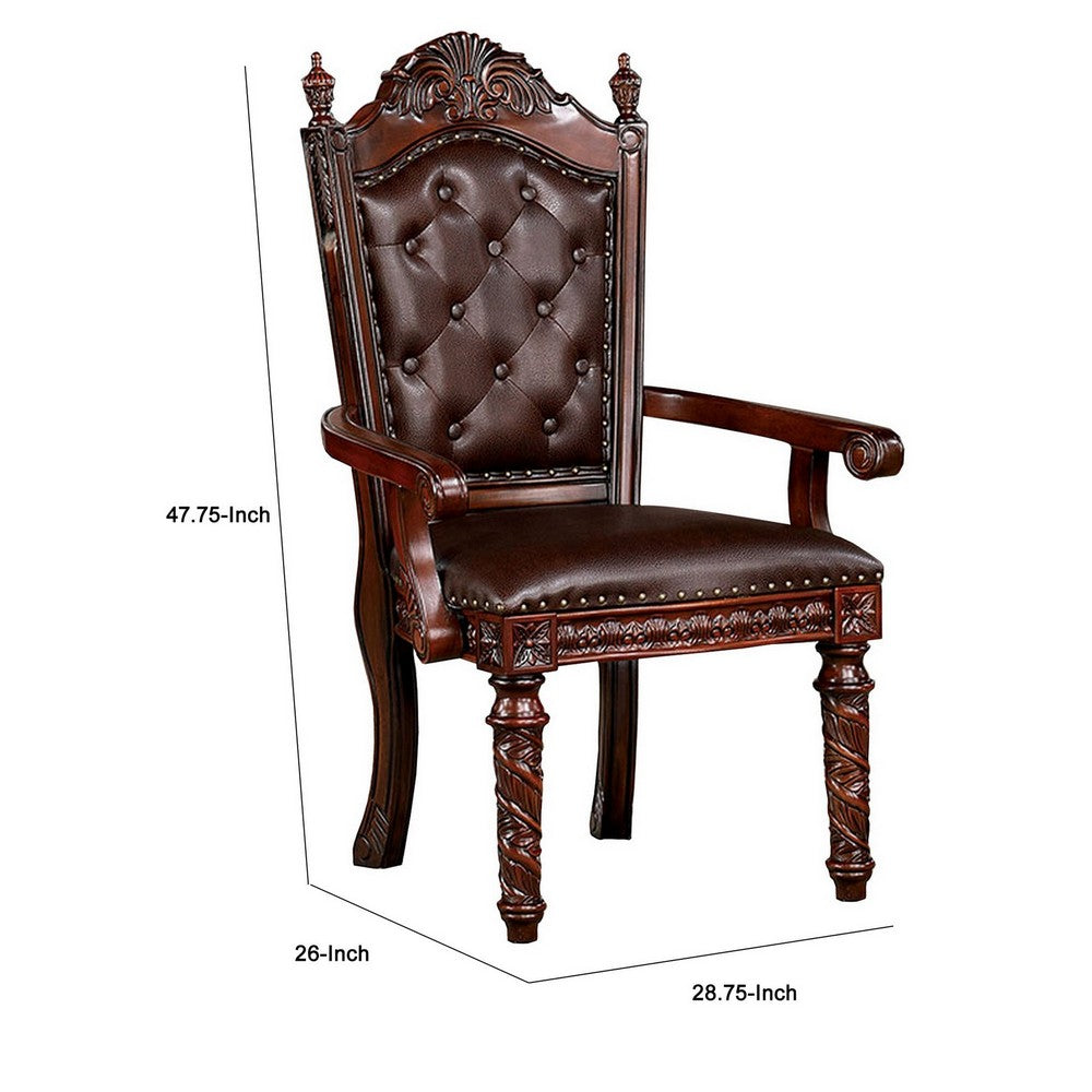 Iga 29 Inch Tufted Dining Armchair, Set of 2, Brown Faux Leather, Nailhead - BM300602