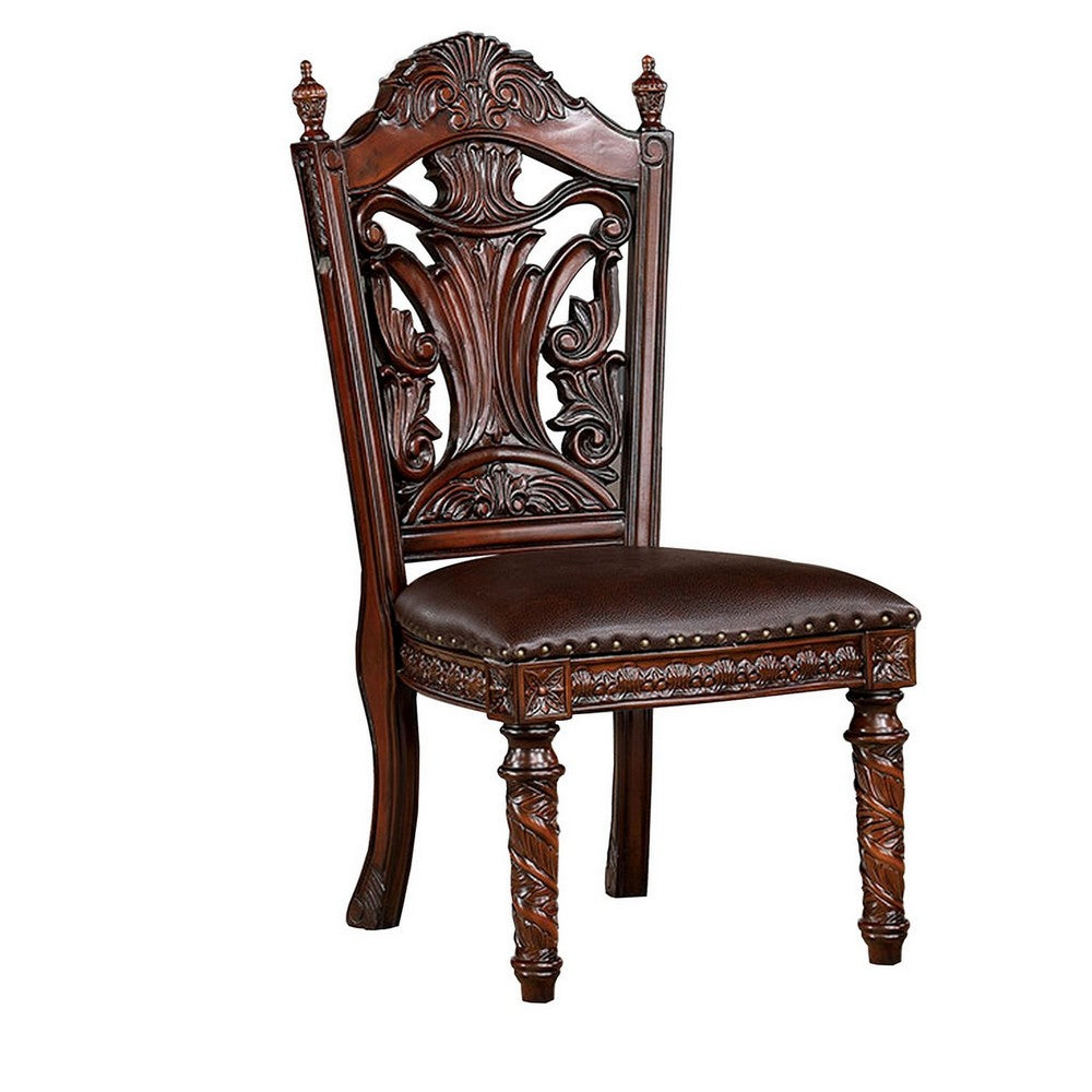 Iga 22 Inch Carved Dining Chair, Set of 2, Faux Leather Seat, Nailhead Trim - BM300603