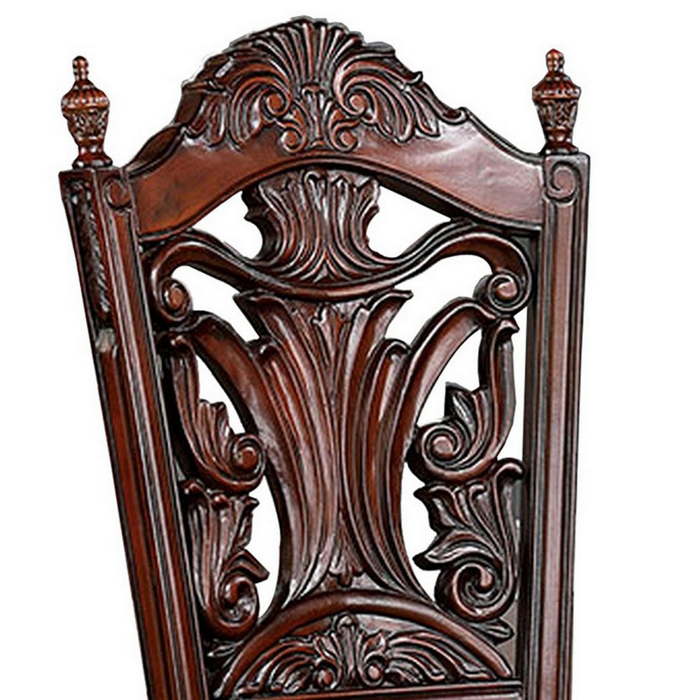 Iga 22 Inch Carved Dining Chair, Set of 2, Faux Leather Seat, Nailhead Trim - BM300603