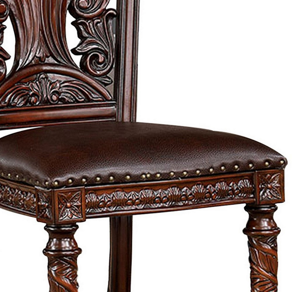 Iga 22 Inch Carved Dining Chair, Set of 2, Faux Leather Seat, Nailhead Trim - BM300603