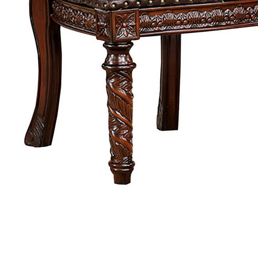 Iga 22 Inch Carved Dining Chair, Set of 2, Faux Leather Seat, Nailhead Trim - BM300603