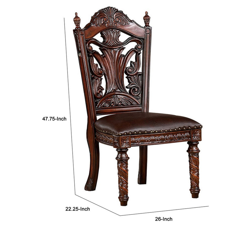 Iga 22 Inch Carved Dining Chair, Set of 2, Faux Leather Seat, Nailhead Trim - BM300603