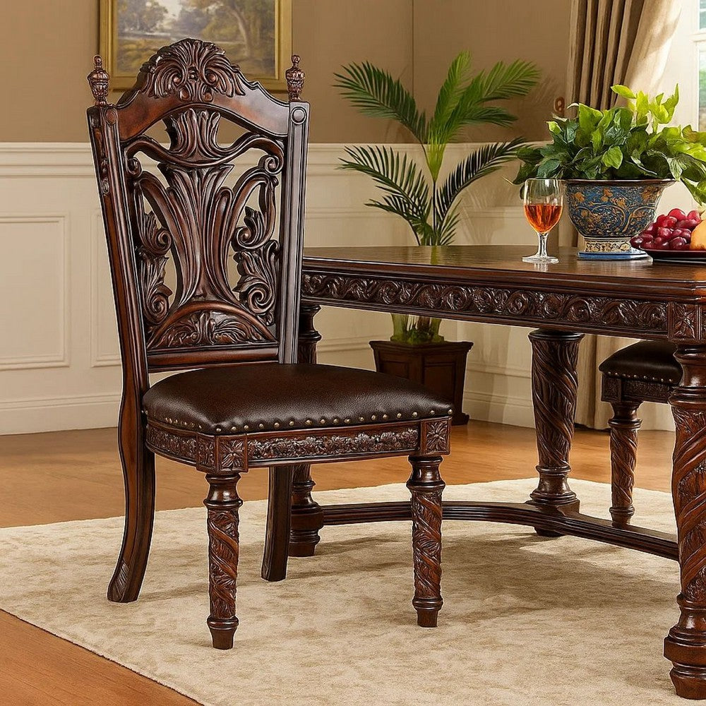 Iga 22 Inch Carved Dining Chair, Set of 2, Faux Leather Seat, Nailhead Trim - BM300603
