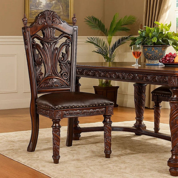Iga 22 Inch Carved Dining Chair, Set of 2, Faux Leather Seat, Nailhead Trim - BM300603