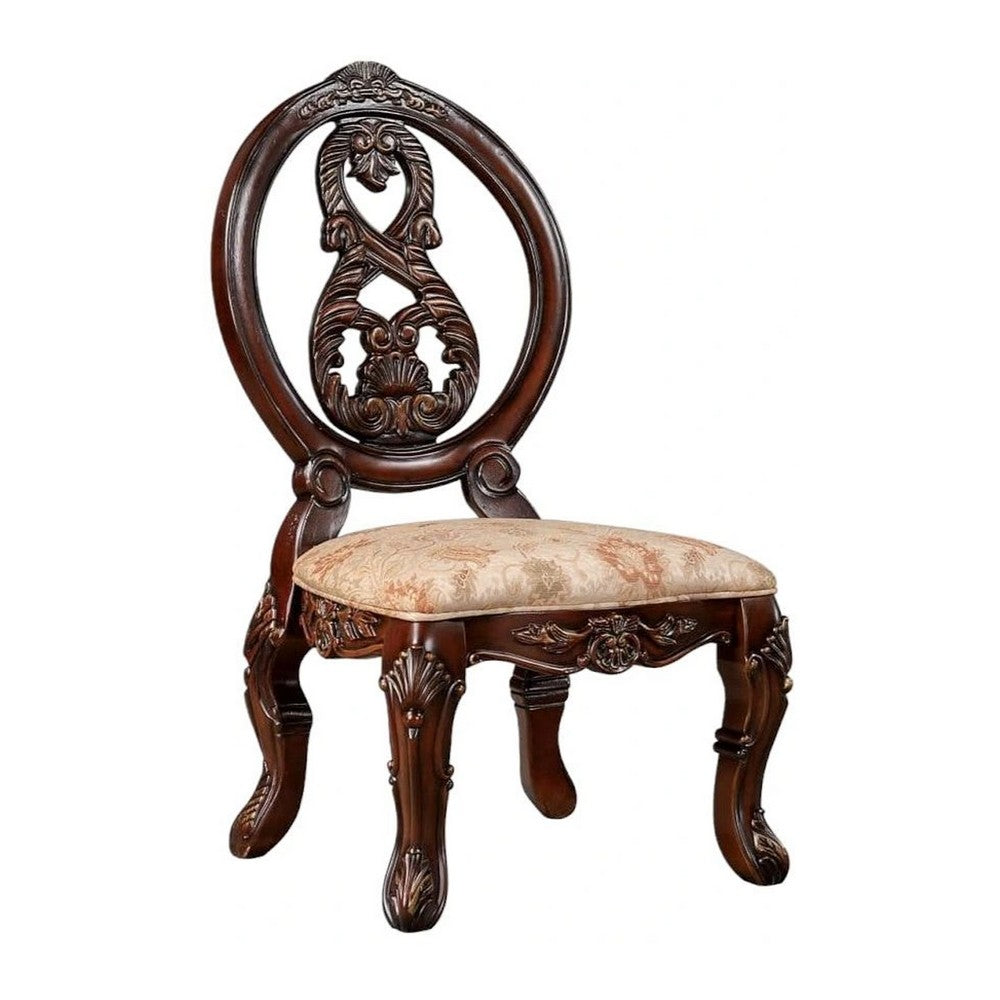 23 Inch Carved Dining Chair, Set of 2, Cabriole Legs, Tan Fabric Seating - BM300604
