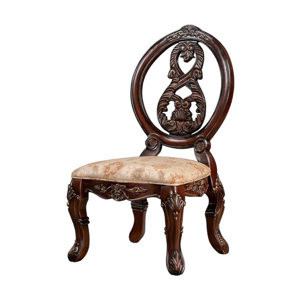23 Inch Carved Dining Chair, Set of 2, Cabriole Legs, Tan Fabric Seating - BM300604