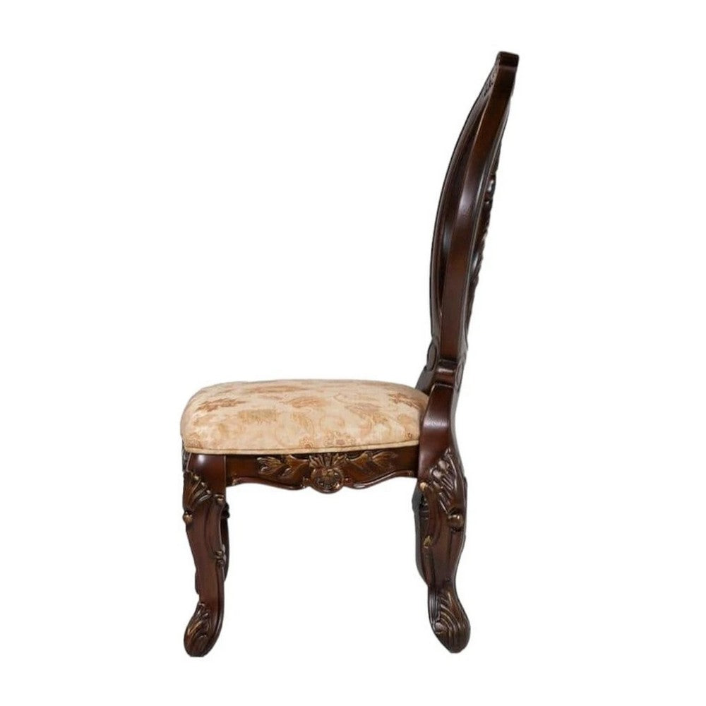 23 Inch Carved Dining Chair, Set of 2, Cabriole Legs, Tan Fabric Seating - BM300604