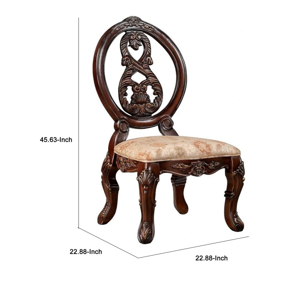 23 Inch Carved Dining Chair, Set of 2, Cabriole Legs, Tan Fabric Seating - BM300604