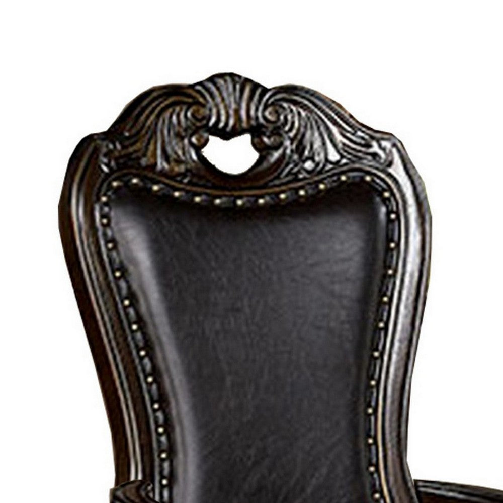 Ons 29 Inch Carved Dining Armchair, Set of 2, Brown Faux Leather - BM300605
