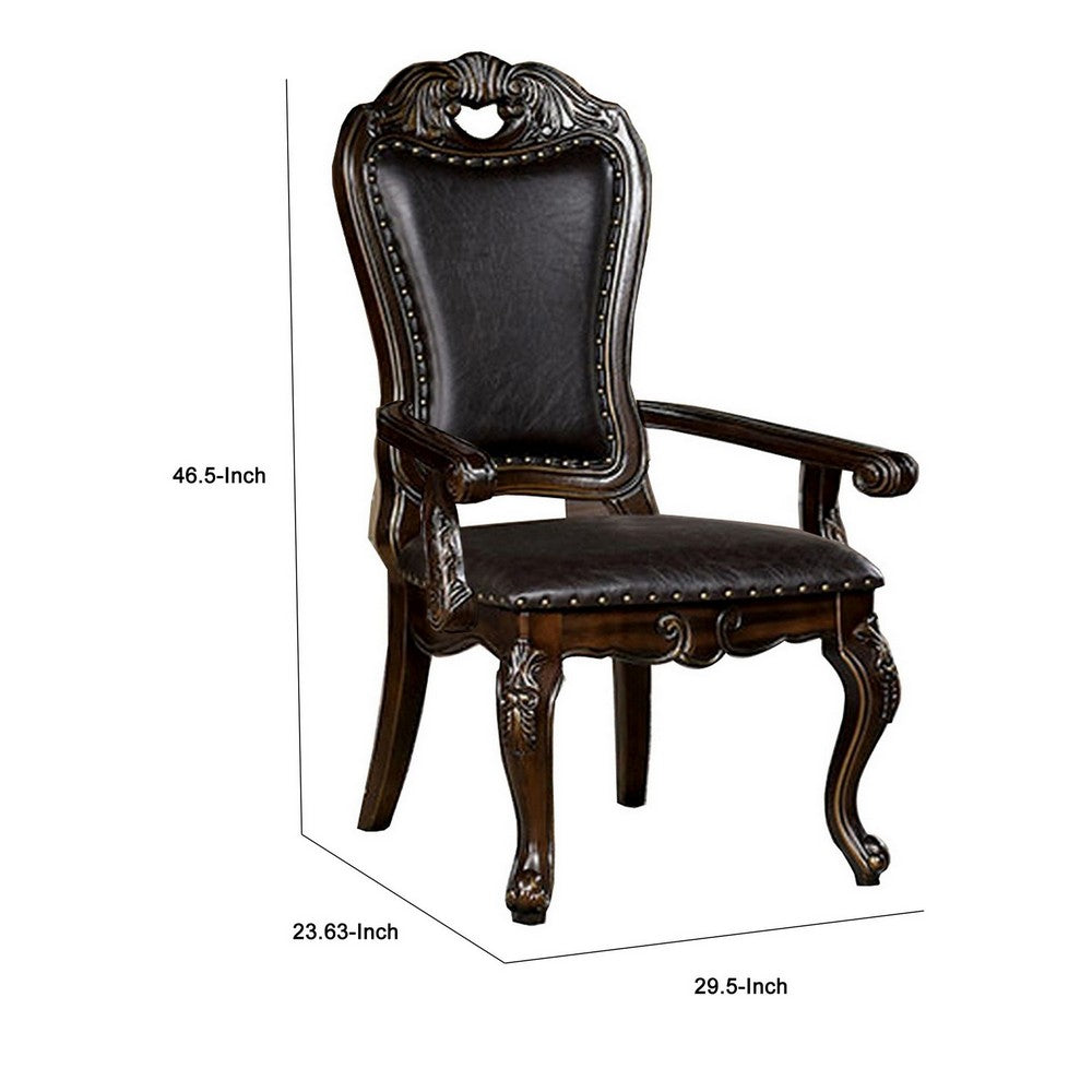 Ons 29 Inch Carved Dining Armchair, Set of 2, Brown Faux Leather - BM300605