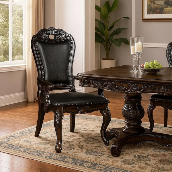 Ons 29 Inch Carved Dining Armchair, Set of 2, Brown Faux Leather - BM300605