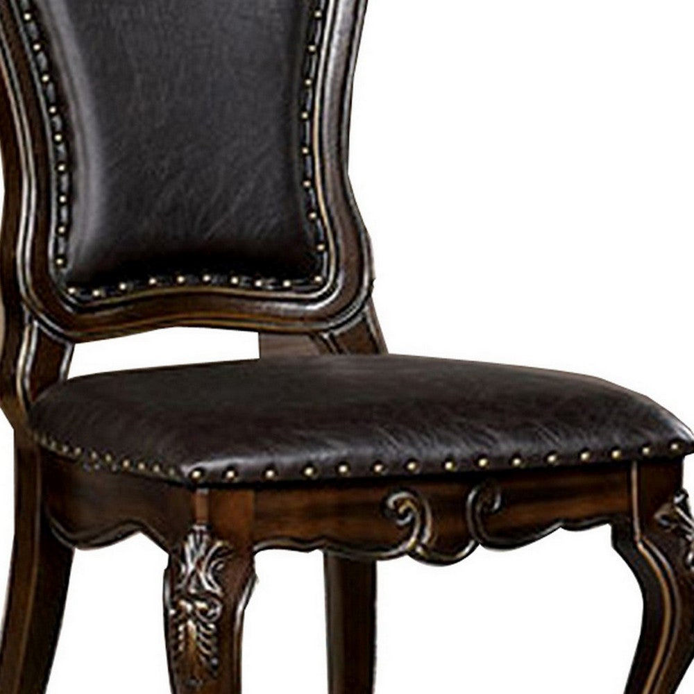 Ons 23 Inch Carved Dining Chair, Set of 2, Nailhead Trim Brown Faux Leather - BM300606