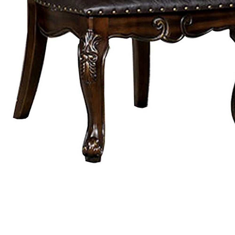 Ons 23 Inch Carved Dining Chair, Set of 2, Nailhead Trim Brown Faux Leather - BM300606