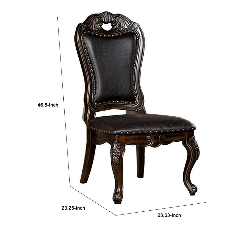 Ons 23 Inch Carved Dining Chair, Set of 2, Nailhead Trim Brown Faux Leather - BM300606
